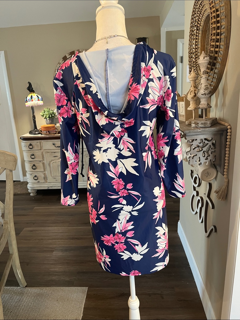 Nautica Navy Floral Hooded Swim Coverup with Pink & Cream Blooms - Picture 3 of 6